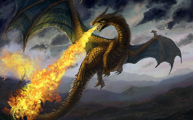 fire-breathing dragon, art, flying dragon, sky, flame, fire, HD wallpaper