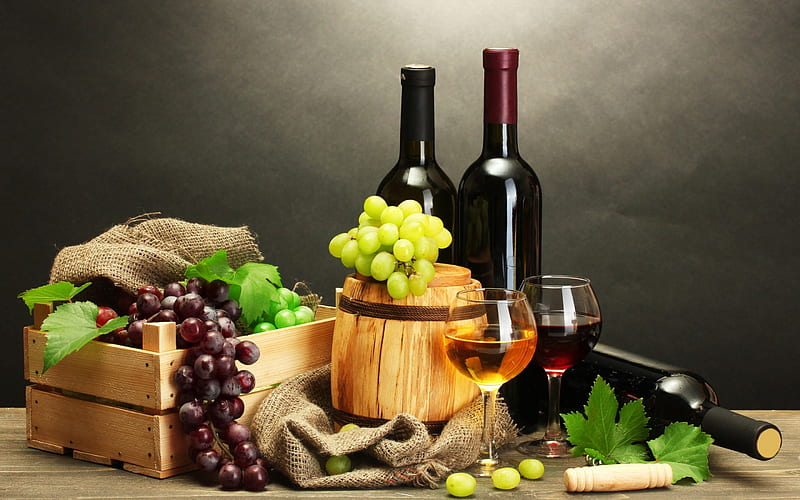 Grapes and Wine, glass, grapes, basket, wine, HD wallpaper
