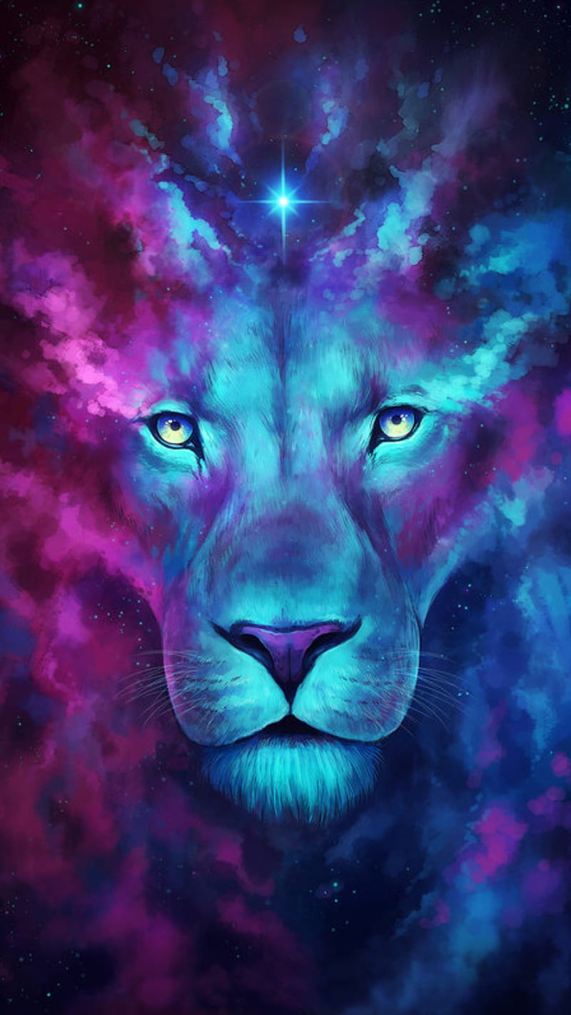 fantasy lion, animal, blue, eye, face, fantasy, lion, star, HD phone wallpaper