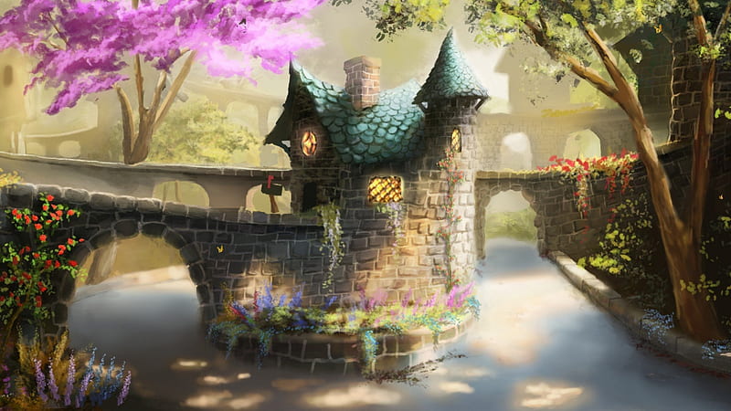 Fantasy castle, fantasy, bridge, colors, river, castle, pink, HD wallpaper