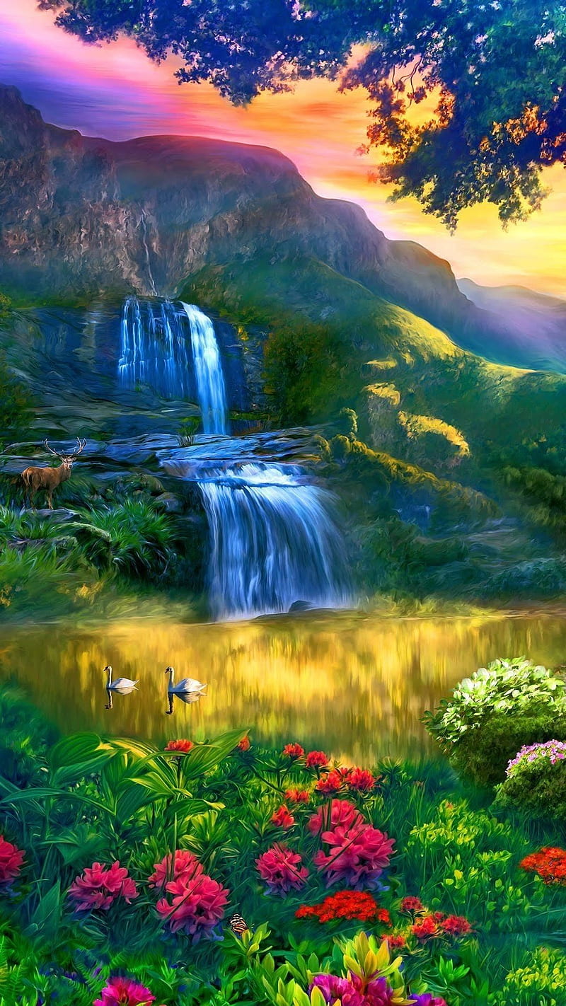 Beautiful colors, drawings, falls, nature, red flowers, river, waterfall, waterfalls, HD phone wallpaper