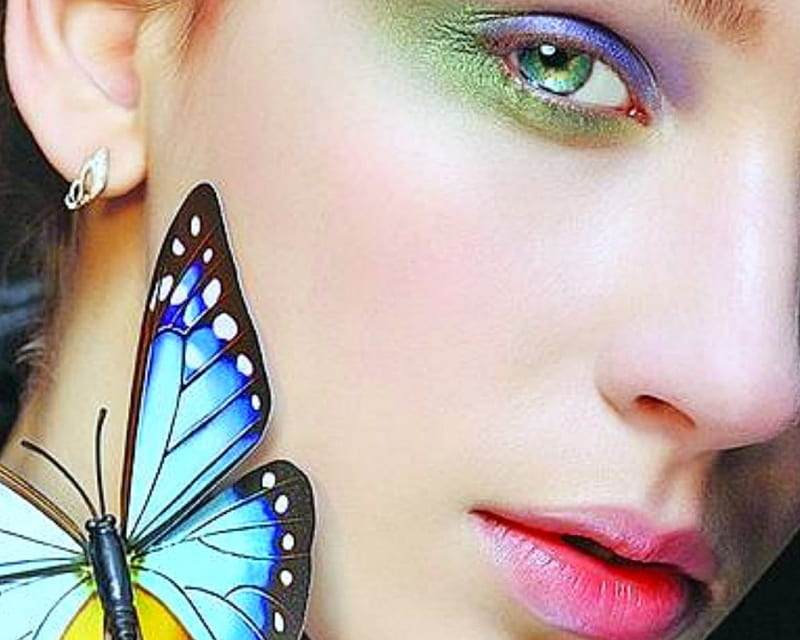  Cara bonita y mariposa, maquillaje, cara, mariposa, mujer, Fondo de pantalla HD