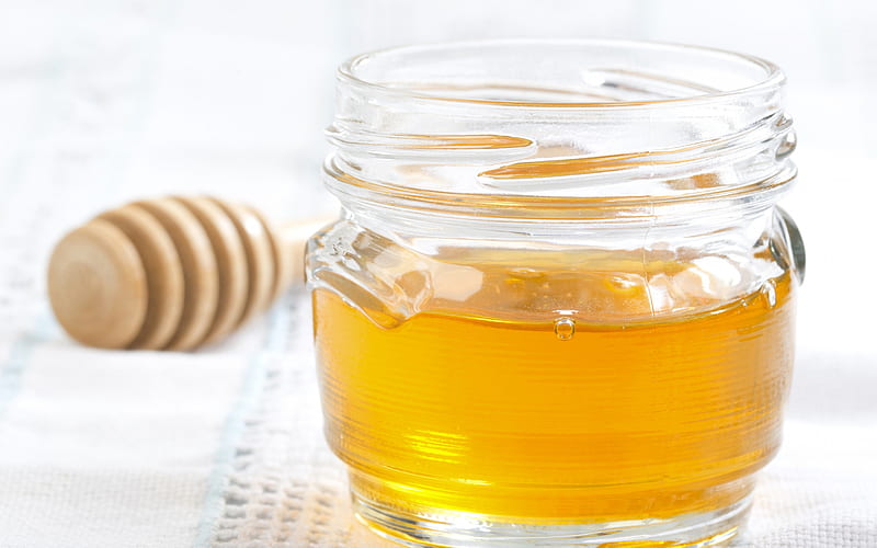 honey, sweets, jar of honey, wooden stick for honey, glass jar, HD wallpaper