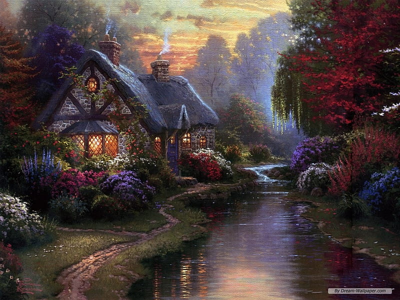 Cobblestone Cottage, cottage, Thomas Kinkade, autumn, painting, twilight, river, HD wallpaper