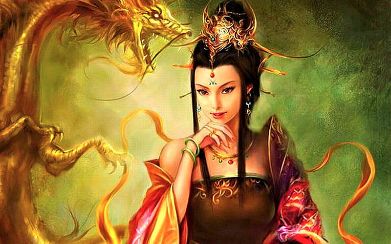 Oriental princess, asian, fantasy, art, green, dragon, girl, princess, jewel, pink, yellow, HD wallpaper