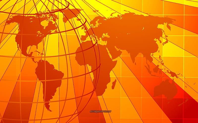 Orange world map world map concepts, continents, earth, world map, HD wallpaper