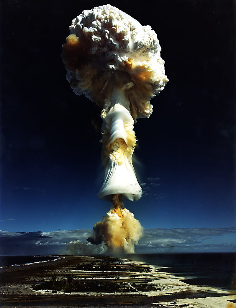 atomic bomb, sky, mushroom clouds, clear sky, blue, clouds, nuclear, atolls, HD phone wallpaper