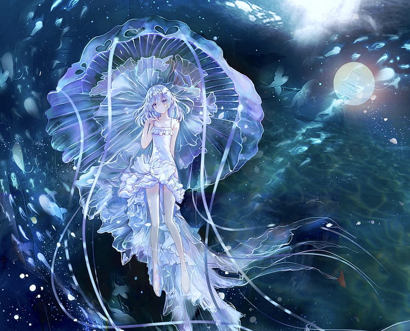 Anime, Girl, Bottle, Underwater, Jellyfish, HD wallpaper | Peakpx