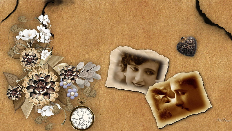 Burning Memories, pocket watch, parchment, collage, kiss, lovers, retro, leaves, burnt paper, heart, flowers, romatnic, vintage, HD wallpaper