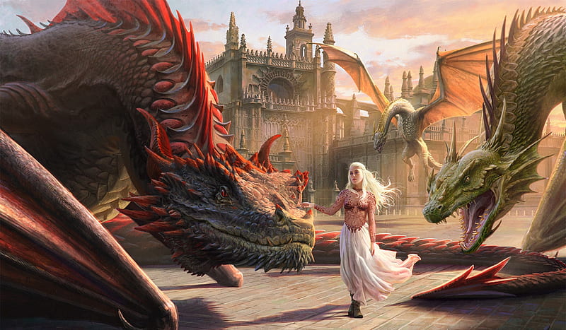 Mother of dragons, art, luminos, game of thrones, dragon, fantasy, girl, daenerys targaryen, joshua cairos, HD wallpaper