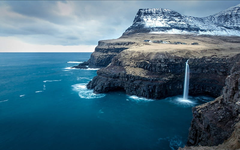Waterfall Off the Faroe Islands, faroe, waterfall, nature, island, HD wallpaper