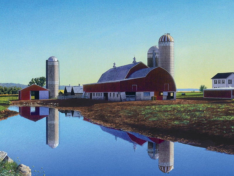 A farm, pond, grass, silo, barn, HD wallpaper