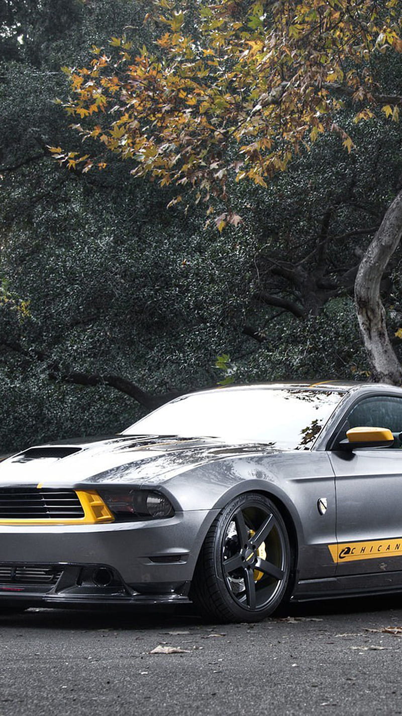 Grey yellow mustang, american, car, engine, ford, speed, HD phone wallpaper
