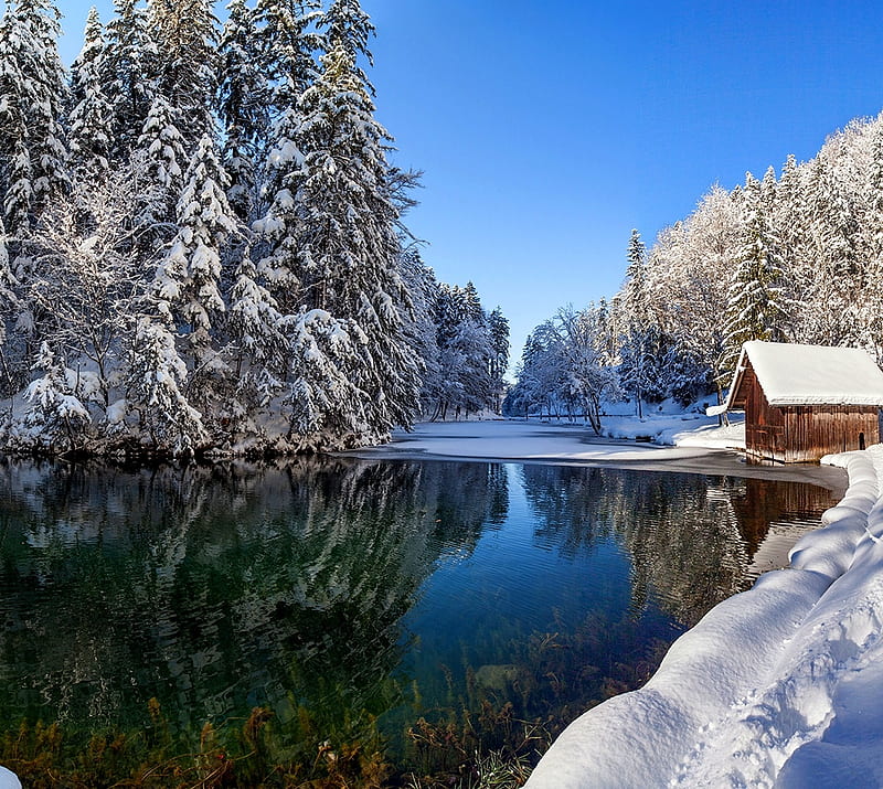 Winter landscape, cottage, forest, lake, lakeside, snow, tree, HD wallpaper