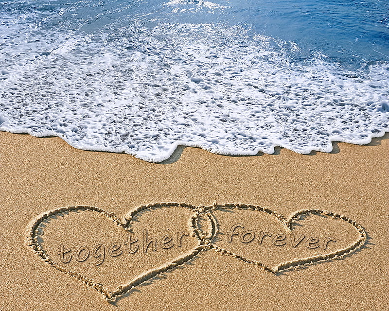 Together Forever, beach, corazones, love, sand, sea, HD wallpaper