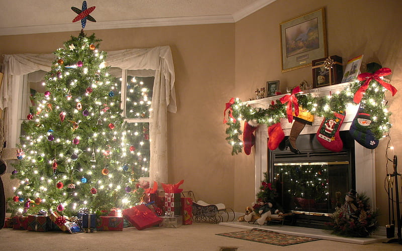 Christmas tree, Christmas, fire, night, interior, HD wallpaper