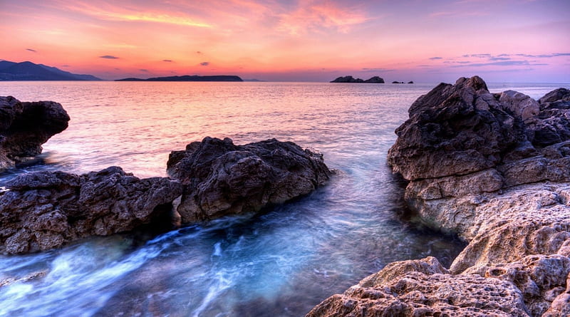 Rocky beach Wallpaper 4K, Sunset, Seascape, Coastline