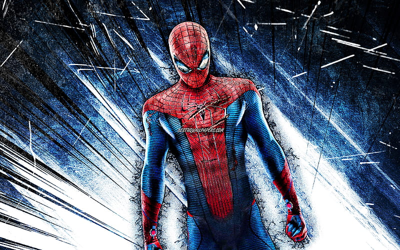 Spiderman, grunge art, superheroes, Marvel Comics, Spider-Man, blue abstract rays, creative, Spiderman, HD wallpaper