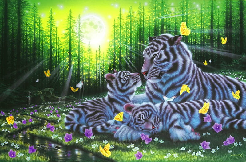 Peace of mind, pretty, family, glow, sun, grass, shine, tiger, bonito, mother, nice, painting, flowers, animals, art, rest, forest, lovely, greenery, butterflies, peace, spring, paradise, rays, flying, peaceful, sunshine, mind, HD wallpaper