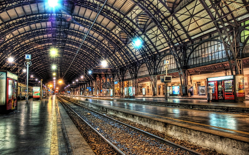 Milan, Train, railway station, R, night, railroad, Italy, HD wallpaper