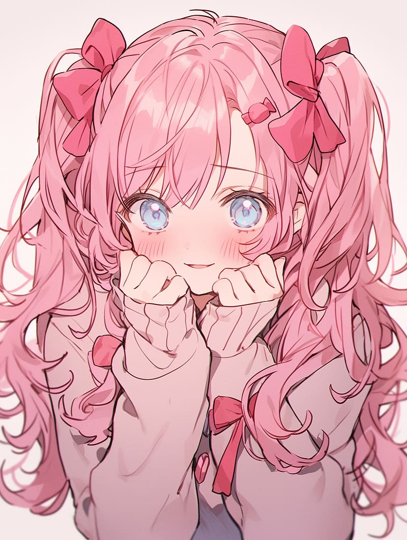 Girl, smile, blush, bows, anime, pink, HD phone wallpaper | Peakpx