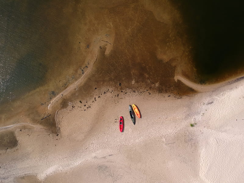 aerial graphy of three kayaks near body of water, HD wallpaper