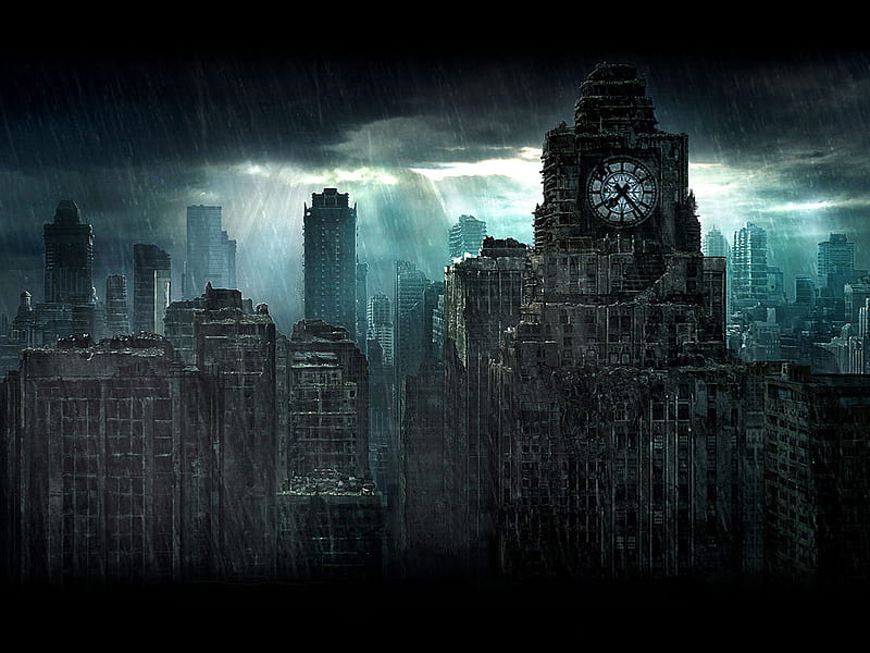 7:23, clock, city, rain, HD wallpaper