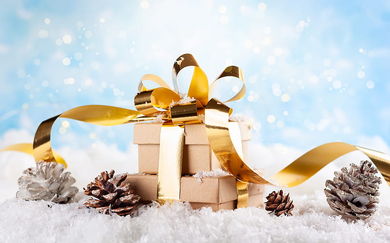 Christmas gift, New Year, golden bow, golden ribbons, winter, snow, cones, HD wallpaper
