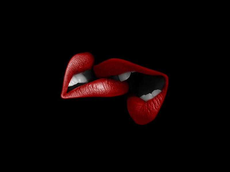 Bite Me, red, cool, black, lips, sexy, teeth, HD wallpaper