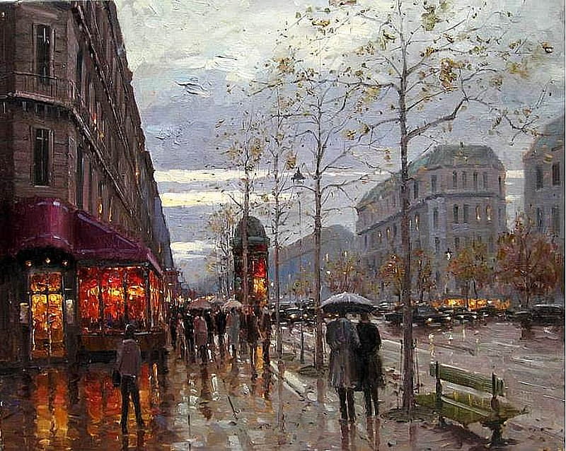 E.Paprocki. Boulevard St. Germain in Rain, Paris, art, painting, e paprocki, paris, rain, HD wallpaper