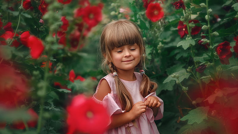 Cute Little Girl With Closing Eyes Is Wearing Pink Frock Standing In The Middle Of Flower Garden Cute, HD wallpaper