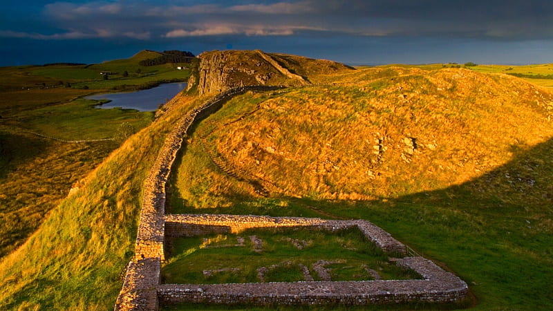 hadrians wall in northern england, pond, ruins, fields, wall, HD wallpaper