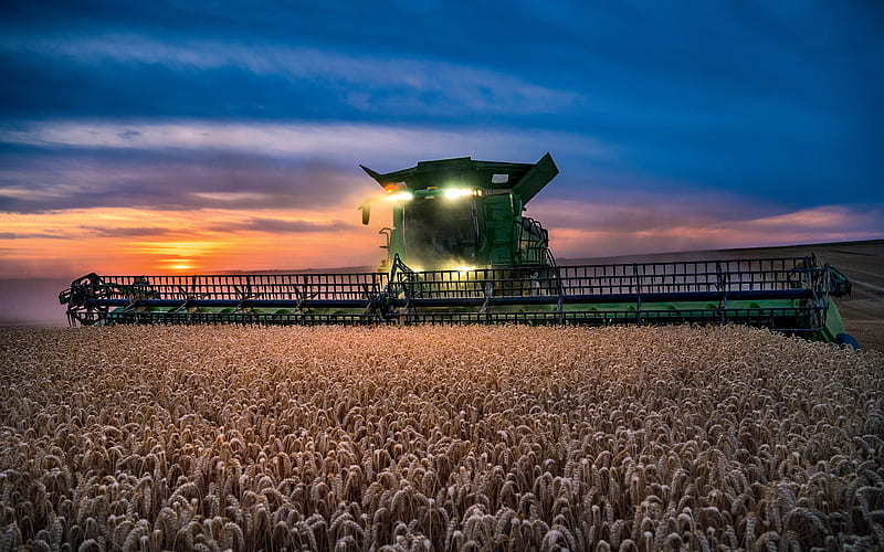 John Deere X950, sunset, combine harvester, 2021 combines, wheat harvest, harvesting concepts, John Deere X9 Series, R, agriculture concepts, John Deere, HD wallpaper