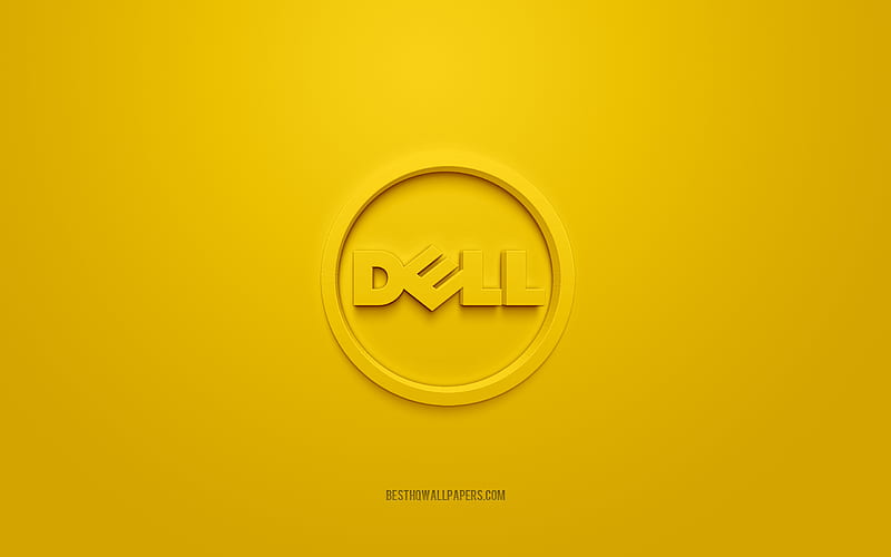 Dell round logo, yellow background, Dell 3d logo, 3d art, Dell, brands logo, Dell logo, yellow 3d Dell logo, HD wallpaper