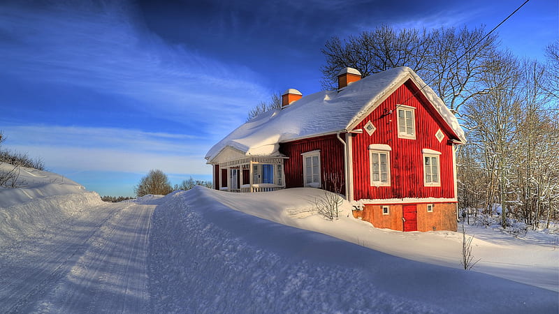 Winter Time, architecture, red, house, between, bonito, clouds, path, beauty, road, blue, lovely, view, clear, houses, colors, sky, trees, winter, red house, snow, peaceful, nature, white, landscape, HD wallpaper