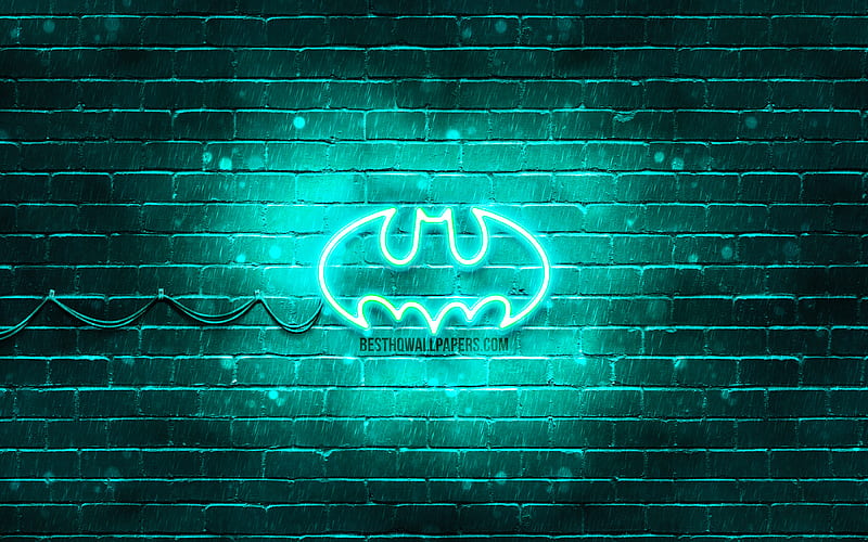 Batman turquoise logo turquoise brickwall, Batman logo, superheroes, Batman neon logo, Batman, HD wallpaper