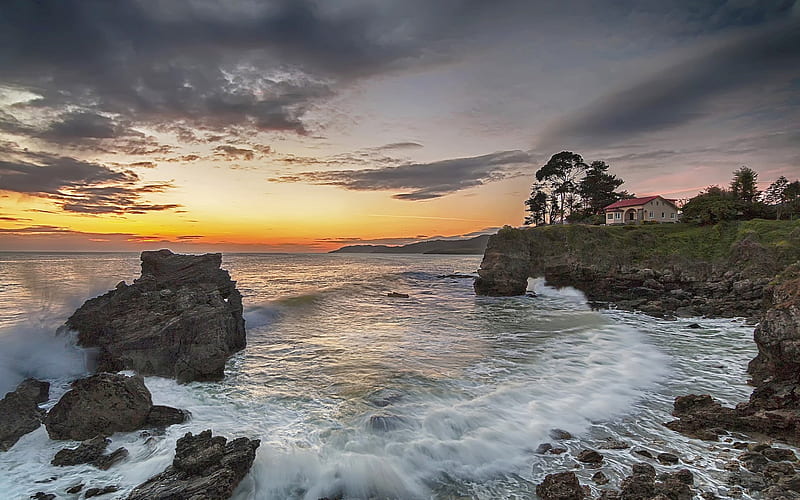 sunset, seascape, ocean, beach, coast, Asturias, Spain, HD wallpaper