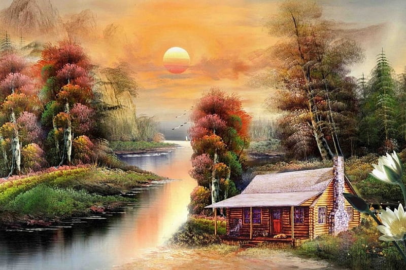 Nice scene, sun, cottage, nature, river, sunset, sky, HD wallpaper | Peakpx