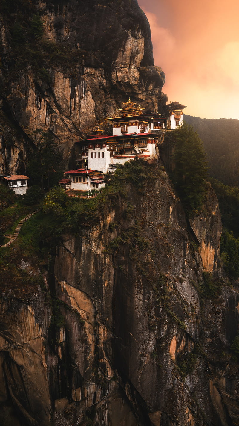 Temple Sunset , EarthVision, bhutan, mountain, tigers nest, HD phone wallpaper