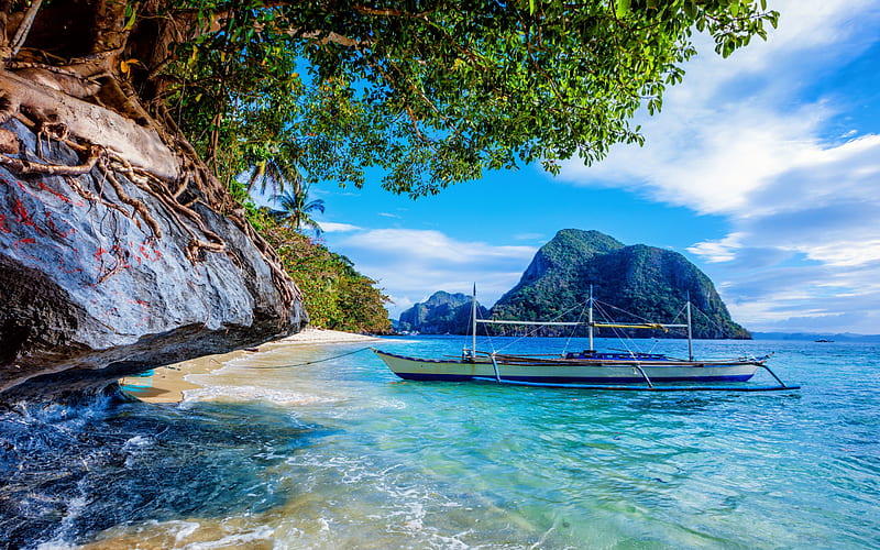 tropical islands, ocean, boat, beach, tourism, El Nido, Palawan, Philippines, HD wallpaper