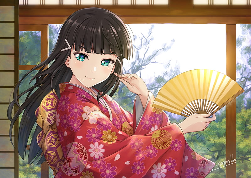 kurosawa dia, love live sunshine, kimono, brown hair, fan, Anime, HD wallpaper