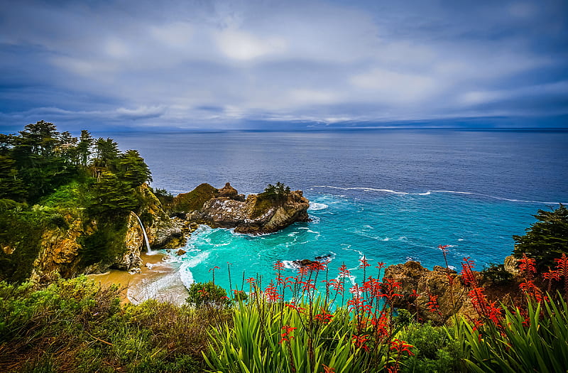 Earth, Big Sur, Coast, Flower, Ocean, Rock, Waterfall, HD wallpaper