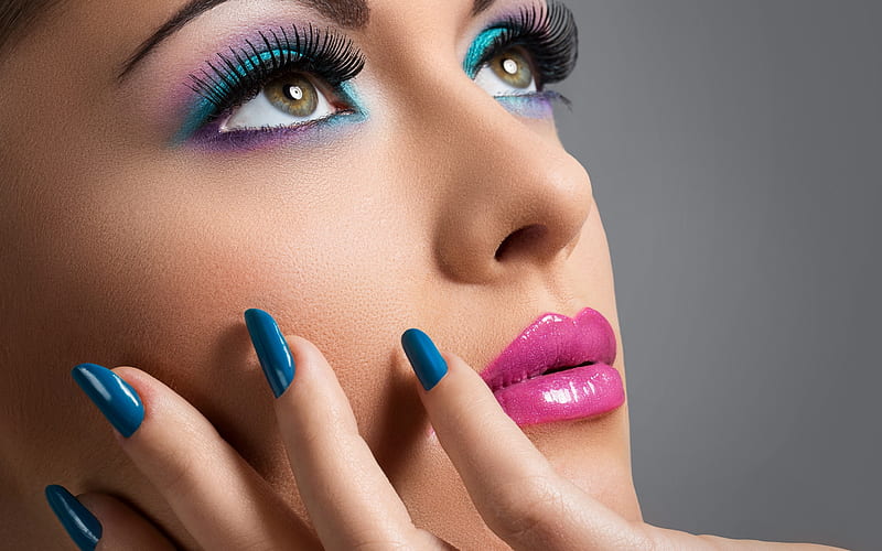 Beauty, model, nails, woman, lips, girl, face, eyes, pink, blue, HD wallpaper