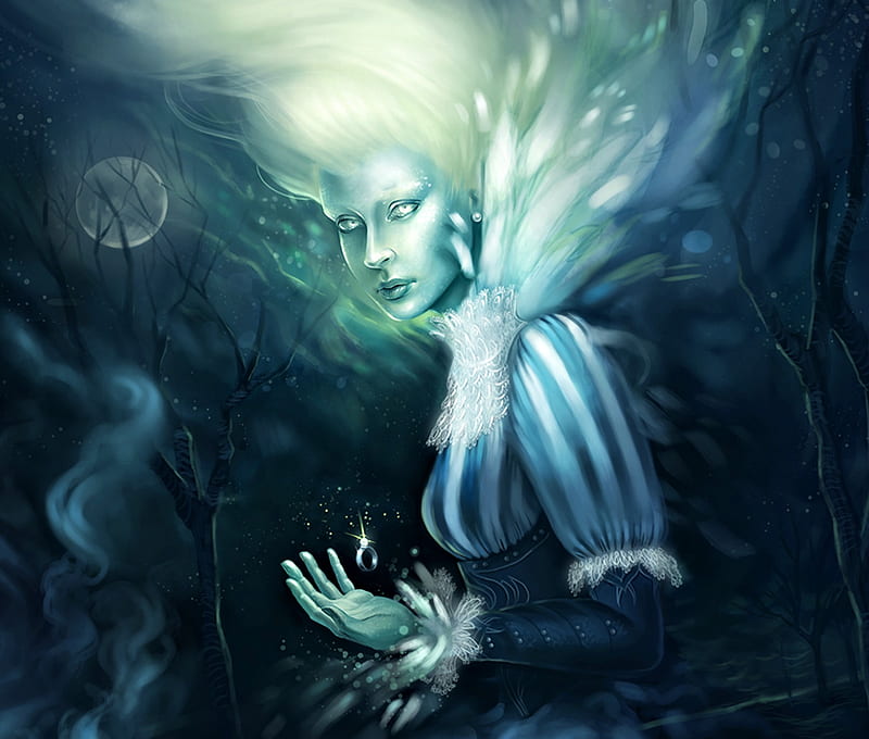 The White Lady, moon, woman, spirit, tree, fantasy, moon, ghost, girl, sk diesel, hand, ring, white, blue, HD wallpaper