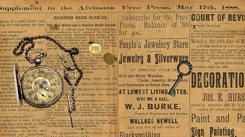 1888 Newspaper, cuff links, antique, renaissance, pocket watch, key, fierfox persona, vintage, HD wallpaper