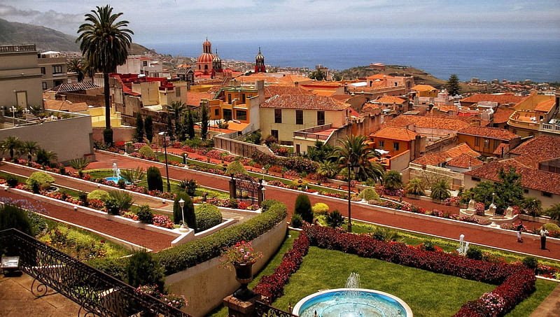 vacation in tenerife, view, roofs, town, island, sea, HD wallpaper