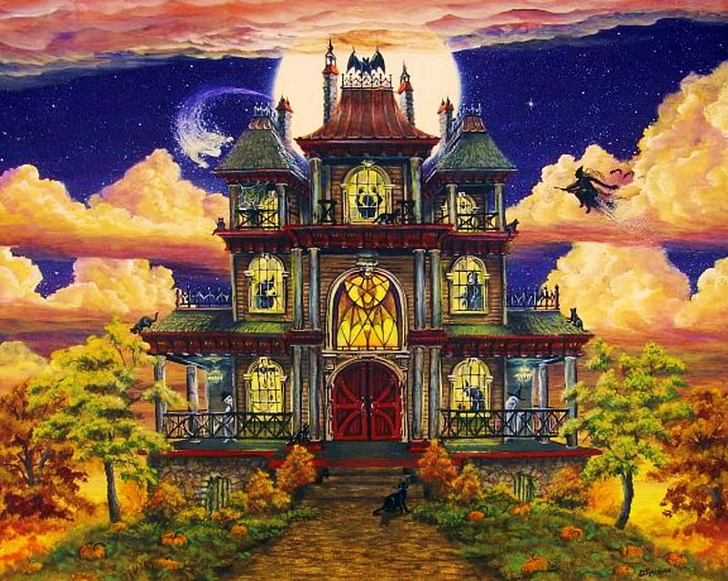 Ghostly Manor, moon, house, halloween, painting, funny, clouds, artwork, pumpkins, HD wallpaper