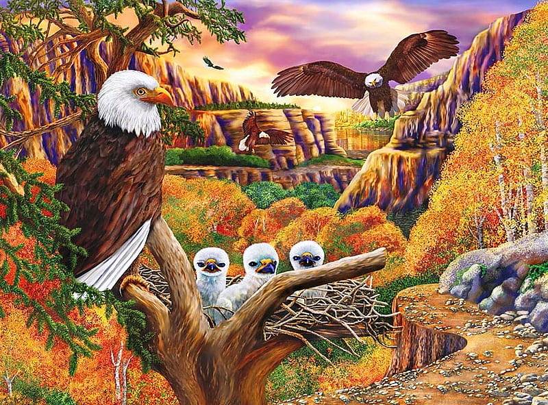 Majestic Eagle, family, bal eagle, nest, raptors, painting, chicks, artwork, HD wallpaper