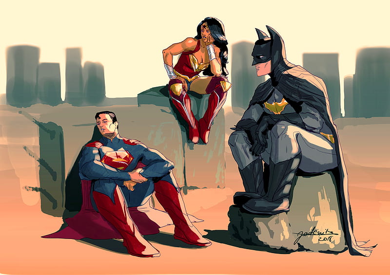 Waiting For, superman, batman, wonder-woman, superheroes, artwork, HD wallpaper