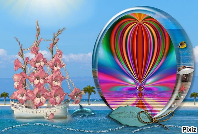 Get Away Into My Dreams, fantasy, ballon, boat, fractal, flowers, island, pixia software, gladollia, HD wallpaper